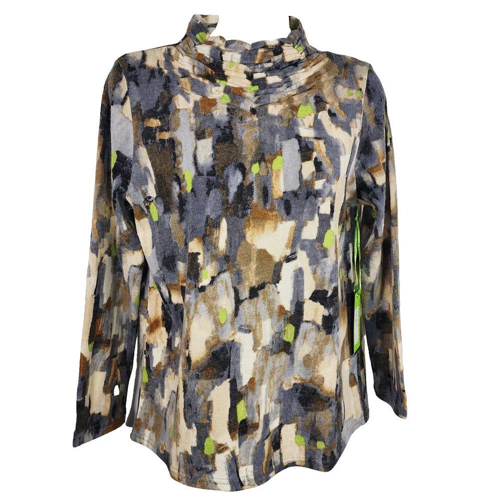 Trisha Tyler Womens Top Small Watercolor Multicolor Rouching Stitch Mock Neck